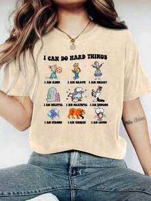 Y2K Style Summer Top, Soft 100% Pure Cotton T-Shirt, Fun And Cute T-Shirt With The Phrase "I Can Do Hard Things": Women's T-Shirt With Cartoon Letter Print From A Children's Book, Suitable For Various Occasions, As A Gift For Festivals, Birthdays, Music Festivals, Casual And Versatile, Comfortable, For Beach Vacations, Simple And Fashionable, Suitable For Daily Wear By Women And Girls. - 杏色 - 查看 7