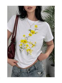 Soft 100% Cotton Women's T-Shirt, Yellow Floral Print, Minimalist, Soft Touch, Short Sleeve, Round Neck, Spring Summer, Casual, Comfortable For Everyday Wear, Breathable Cotton T-Shirt, Matches Everything, Cool. - 白色 - 查看 1