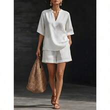 (Free Shipping)2026 Spring/Summer Women's Solid Color V-Neck Linen-Cotton Casual Top And Shorts Two-Piece Set - Blue - View 9