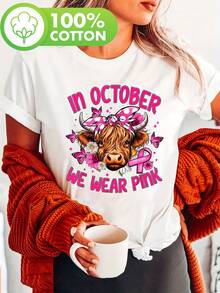 Camiseta con estampado de concientización sobre el cáncer de mama "Pink Ribbon Bull Head" de Directional Y, en octubre usamos camisetas rosas con estampado de leche de las Highlands para la concientización sobre el cáncer de mama, camisetas casuales de manga corta con cuello redondo para verano y primavera, ropa de mujer, camiseta cómoda de algodón. - Blanco - Ver 1