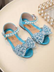 Shiny Rhinestone Pearl Bow Girls' Princess Sandals, Soft Bottom Round Toe PU Flat Sandals, Suitable For Spring, Summer, Autumn Holidays And Daily Wear - Blue - View 2