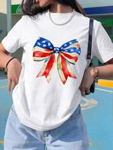 1 pieza Camiseta de cuello redondo con estampado de la bandera americana en acuarela - Viral, linda, estética, esencial para el estilo callejero |   Diseño de la bandera estadounidense en acuarela suave, resalta fácilmente el estilo patriótico femenino. |   Imprescindible para el 4 de julio, las vacaciones de verano y el uso diario |   Camiseta Blanca que Combina Orgullo Nacional y Encanto Elegante Casual 180g 100% Algodón - Blanco - Ver 6