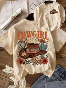Camiseta de mujer, de algodón puro, de manga corta, con estampado de sombrero de vaquero del oeste, elegante y hermosa, de alta calidad, a la moda, suave y cómoda, con diseño de estilo retro americano, adecuada para uso diario, celebraciones y fiestas, o como regalo para las fiestas, una blusa casual holgada y única. - Albaricoque - Ver 1