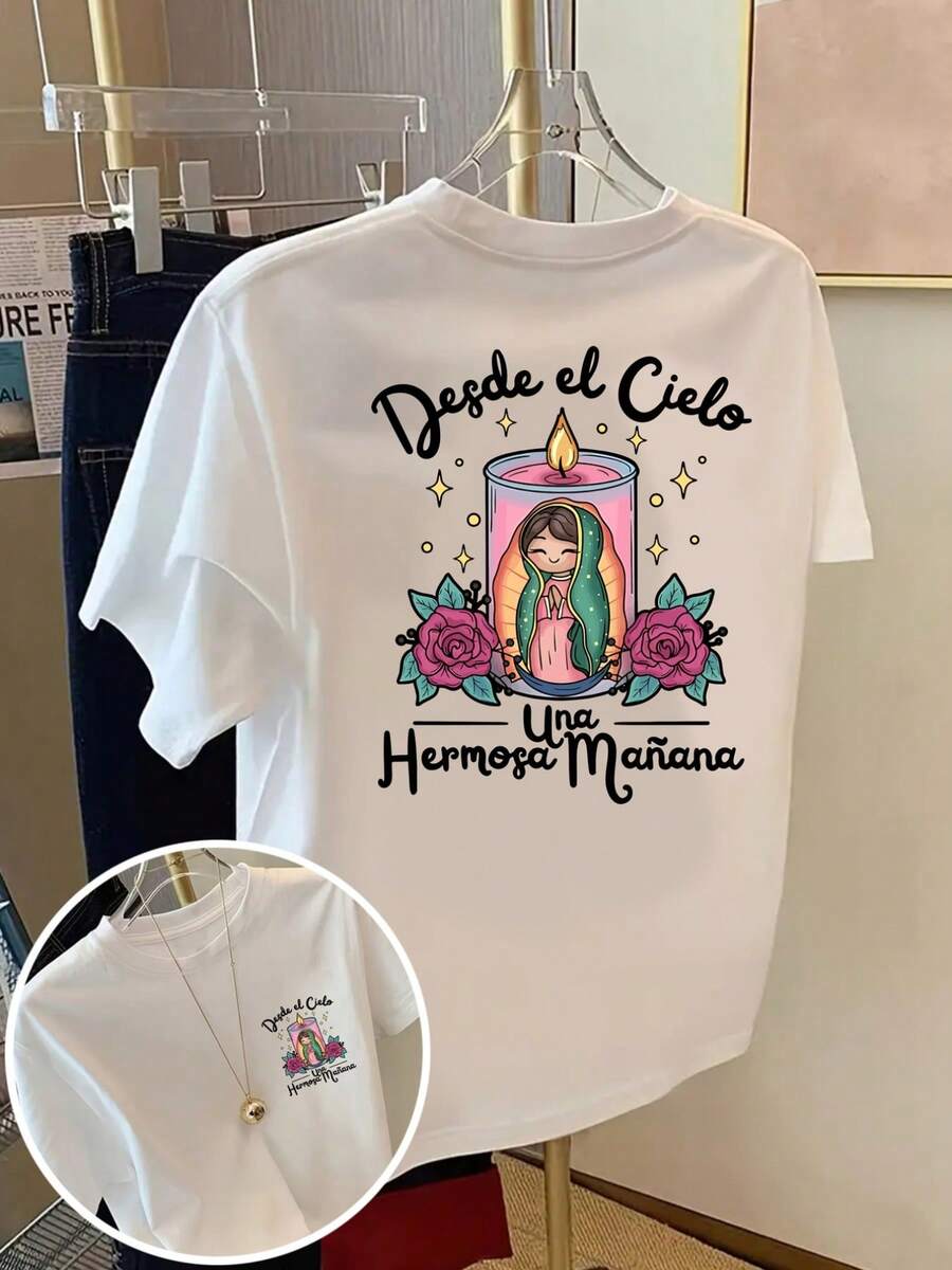 Women's Candlelight Print T-Shirt - Spanish Religious Design And Candlelight, Round Neck, Short Sleeve, Casual Style, For Everyday Wear And Special Occasions In All Seasons - Women's Clothing, Ladies' T-Shirts, Spring Summer Clothing, Geometric Pattern T-Shirt Y2k - 白色 - 查看 1