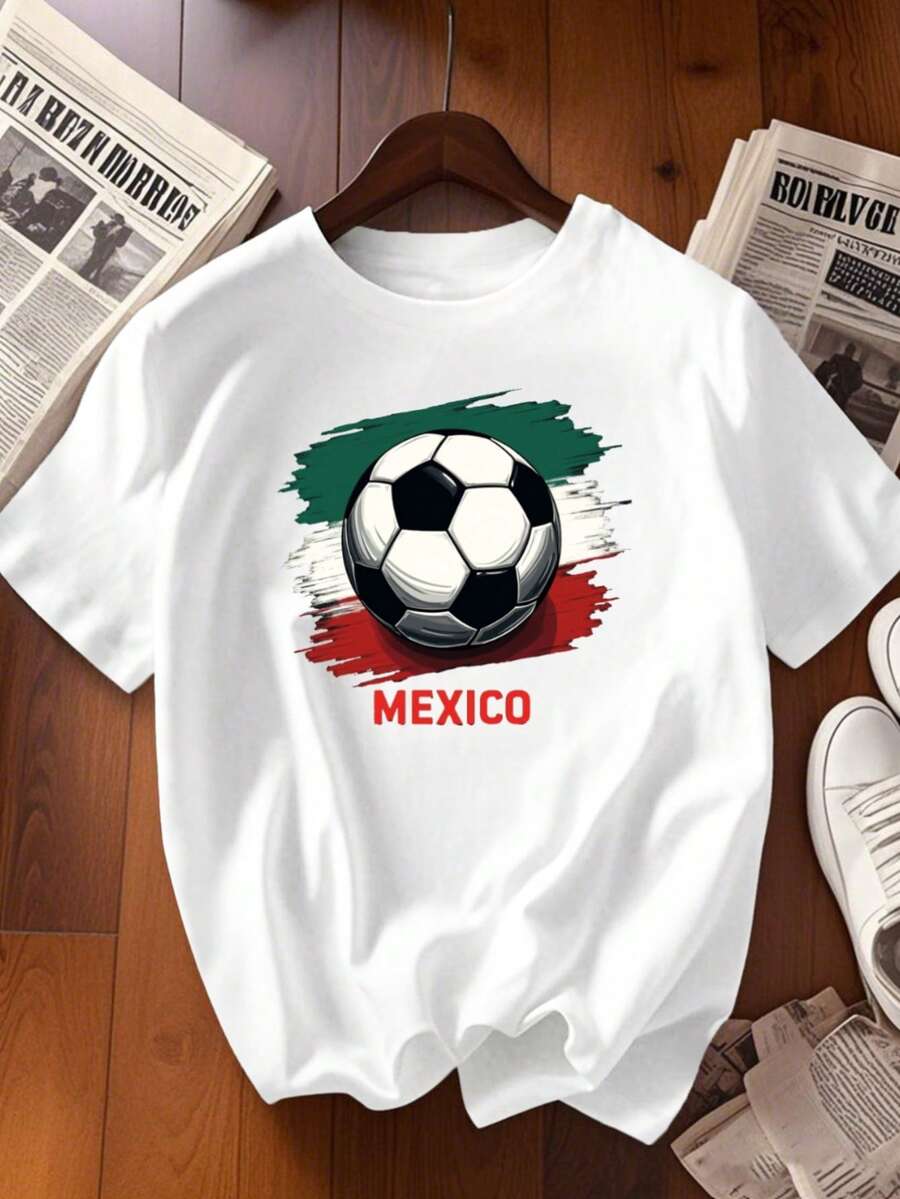 Mujer002 Camiseta de fútbol de México para mujer - Estampado de bandera y balón, manga corta, cuello redondo, casual, ideal para fans, días de partido y outfits informales - Negro - Ver 1