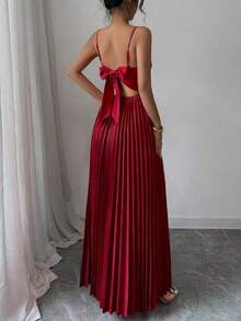 Vestido largo de mujer de unicolor, minimalista y casual con tirantes finos, espalda descubierta y lazo - Burdeos - Ver 2