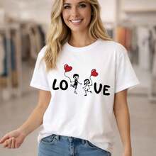 Women's Cotton T-Shirt, Love Print, Short Sleeve, Round Neck, Casual Top, Loose Fit For Everyday Wear, Sizes M-5XL, Soft And Breathable Cotton Fabric, Valentine's Day Graphic Design T-Shirt, Comfortable Oversized T-Shirt, Heart Design T-Shirt For Women, Fashionable And Friendly Top 2026 - 白色 - 查看 7