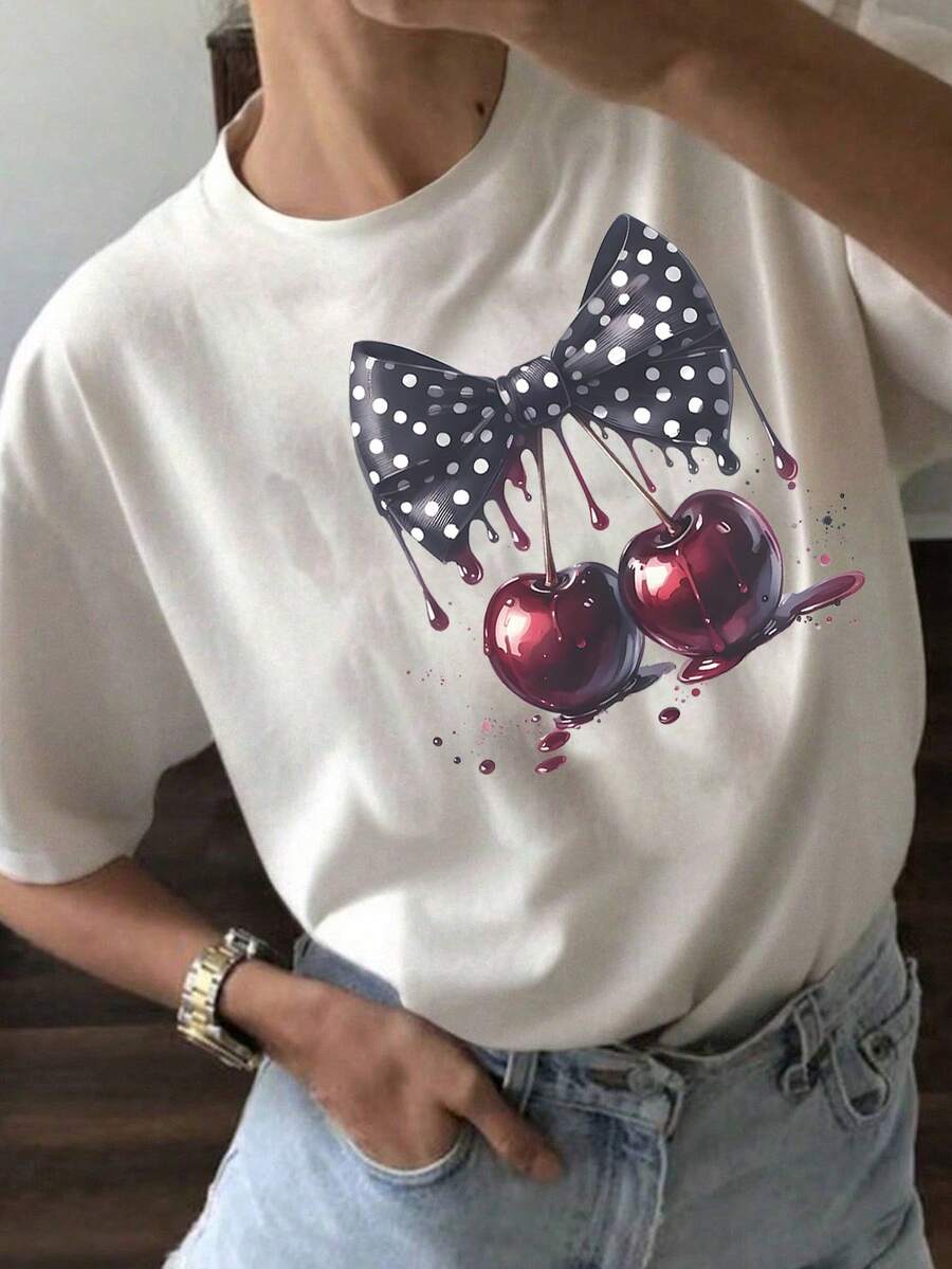 Women's Fitted White T-Shirt With Patriotic Ribbon And Cherry Print, Casual Chic Style. Casual Summer T-Shirt With Patriotic Graphic, Chic And Flattering Style For 4th Of July Parties. - YH558-白色 - 查看 1