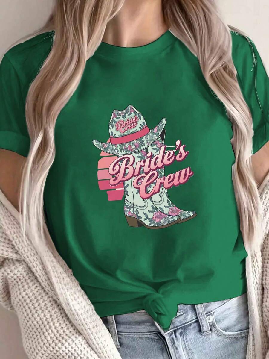 Short Sleeve T-Shirt With Cowboy Boot Print For Bride, Casual Round Neck For Summer And Spring, Women's Clothing - Hijau - View 1
