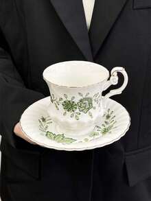 1 Conjunto de Xícaras e Pires com Borda Dourada Floral do Palácio, Conjunto de Louça de Porcelana Vintage, Xícaras de Café Elegantes com Flor Verde, Xícara e Pires de Leite para Café da Manhã, Adequado para Casa, Restaurante, Café, Loja de Sobremesas, Presente - Multicolorido - Visão 6