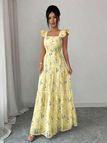 Elenzya Vestido con cintura fruncida y estampado floral para mujer, adecuado para ir a trabajar, salir, picnic, cita de San Valentín, resort de spa, fiesta en la playa, viajes y ocio - Amarillo claro - Ver 8