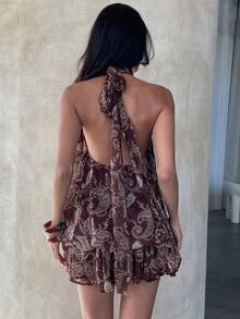 MEXAloruh Vestido mini elegante de gasa con lazo en el cuello en color amarillo mantequilla para mujer, vestido para citas, vestido para salir de noche, vestidos de verano para mujer, atuendos para luna de miel, vestido de invitada de boda, atuendos para vacaciones en la isla, vestidos de fiesta elegantes, vestidos de cumpleaños para mujerMEX 2MZE - Marrón - Ver 2