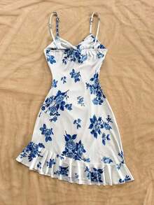 Vestido asimétrico de punto con textura de camello para mujer, diseño con busto fruncido y dobladillo con volantes, que ciñe la cintura, silueta ajustada y favorecedora, adecuado para vacaciones, citas, té de la tarde casual, fiestas, festivales de - Azul y blanco - Ver 2
