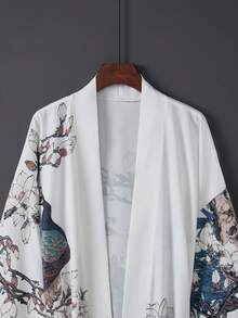 復古寬鬆波希米亞中長版孔雀印花優雅個性時尚和服罩衫，休閒居家繫腰浴袍 白色 - 白色 - 查看 3