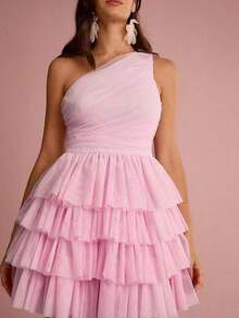 Vestido de malla con volantes y pliegues asimétricos - Rosa Pálido - Ver 6