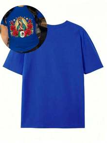 Women's Graphic T-Shirt, Short Sleeve, Round Neck, Basic, Comfortable, Cool, Lightweight, Mexican Print, Virgin Of Guadalupe, Roses, Flag, Vintage Oversized Graphic T-Shirt For Women, Cotton - 皇家藍 - 查看 2