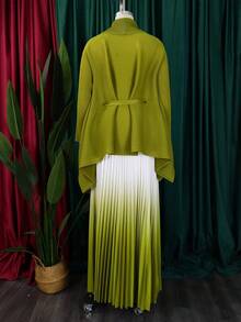 Conjunto de dos piezas para mujer: top asimétrico con pliegues y nudo, junto a falda degradada - amarillo verdoso - Ver 3
