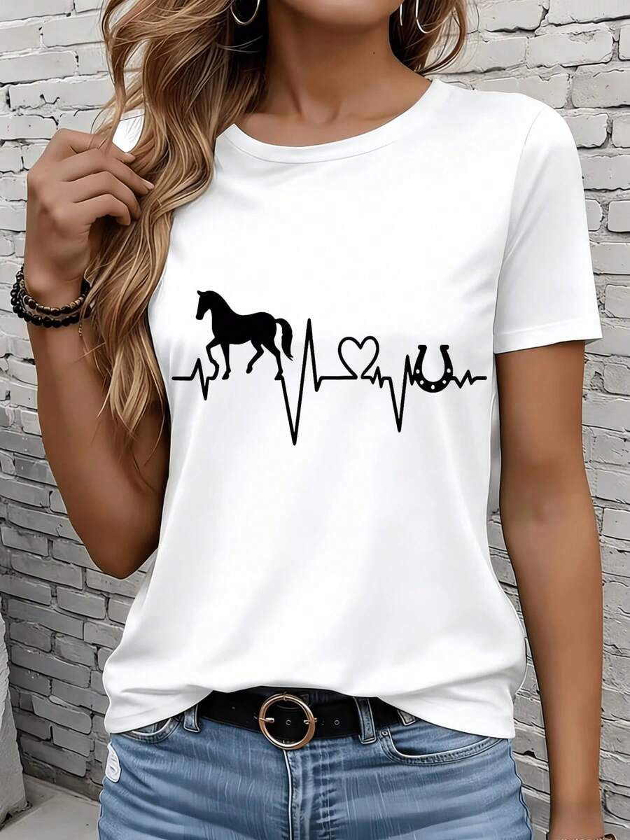 Women's Short-Sleeved T-Shirts In Black And White Are Suitable For Everyday Wear, Lounging At Home, And Outdoor Activities. Women's T-Shirt With A Horse Heartbeat And Horseshoe Design, Casual White Graphic Tee, Perfect As A Holiday Party Gift. - 白色 - 查看 1