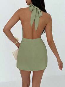 Vestido mini plisado de mujer con espalda abierta y atado - verde menta - Ver 2