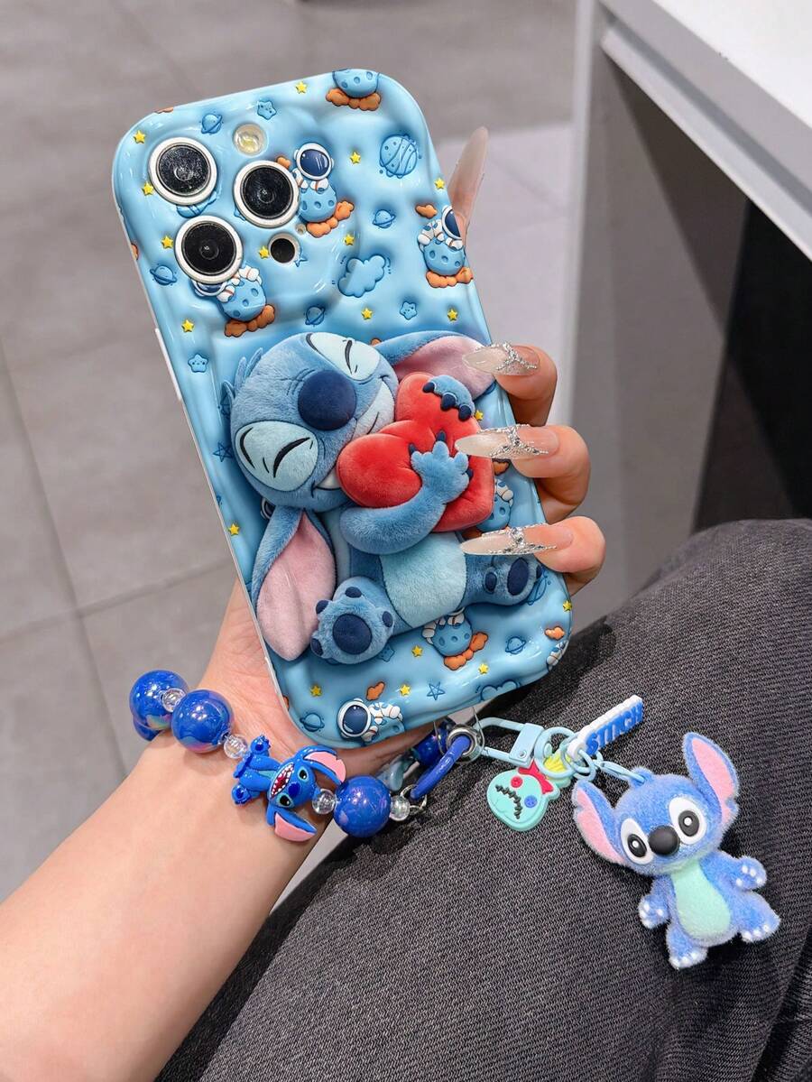 Disney Has Authorized, Phone Case - Chain Set, The Stitch Lilo & Stitch 3D Phone Case Plus A Silicone 3D Stitch Bracelet With Metallic Ring Removable Bracelet, Stitch And Angel Pattern, Compatible With Iphone17/16/15/14/13/12/11/XS/XR/X Plus Pro Max, A Stylish Cartoon Phone Case, The Perfect Gift Choice, Phone Protection, Durable Phone Cover, Great Gift For Friends And Family. - trắng - Xem 1
