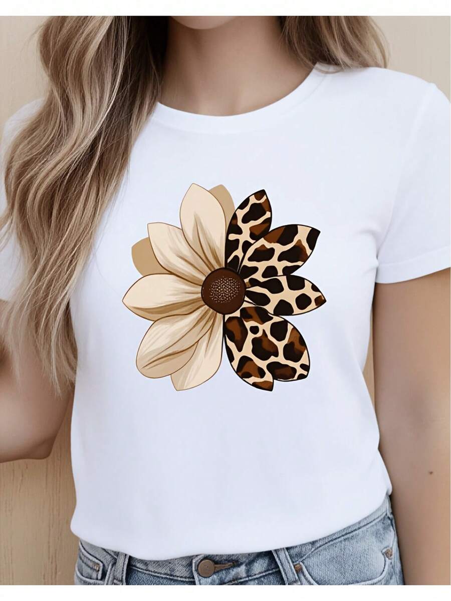 Women's Leopard And Floral Print T-Shirt, Casual Summer Style For Everyday Wear And Beach Outings. Cute Blouses For Women. Women's T-Shirt, Casual Loose Fit, Slightly Stretched Cut. - 白色 - 查看 1