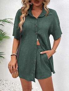 Conjunto de 2 piezas con blusa de manga corta de cuello de botones y shorts con lazo delantero, sencillo, para mujer - Verde Oscuro - Ver 5