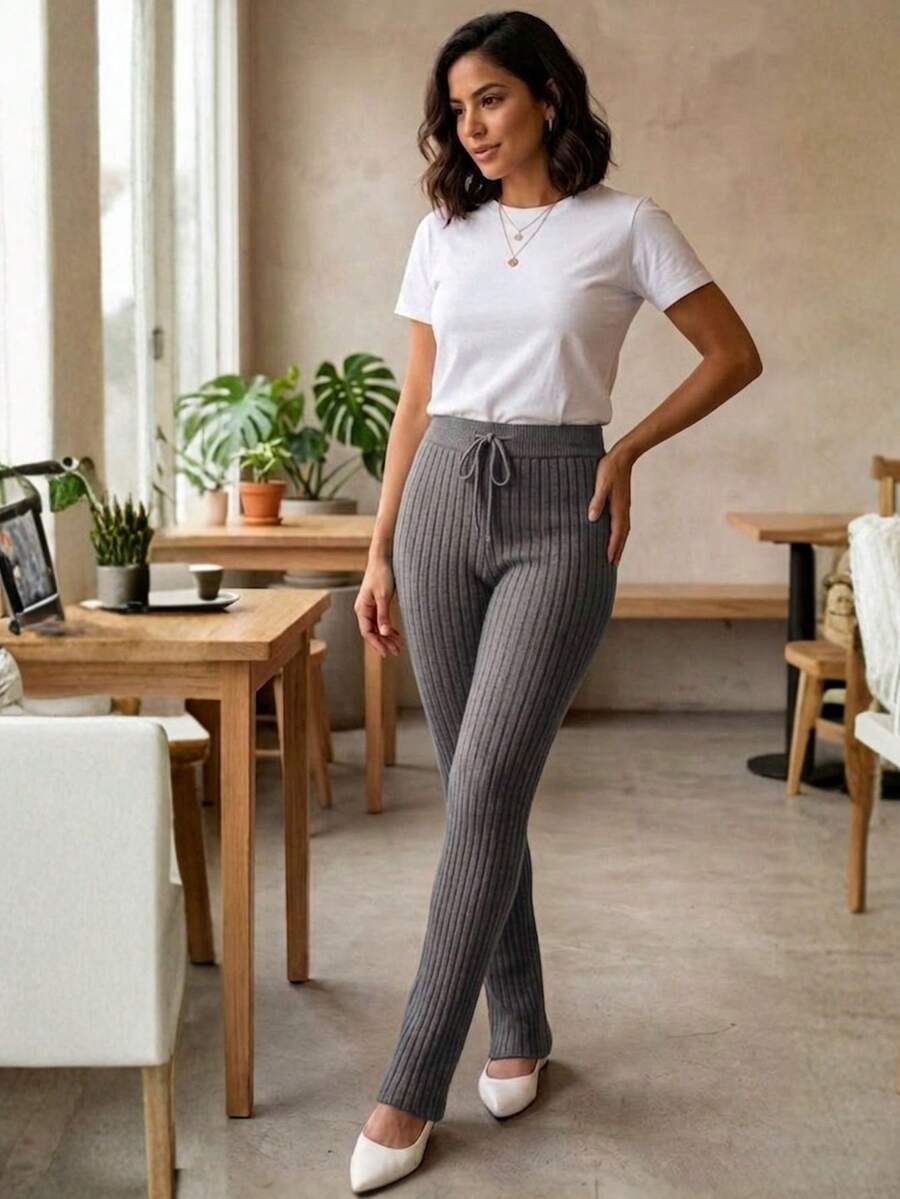 Women's Slim Fit Ribbed Knit Pants With High Waist And Adjustable Drawstring, Casual, Autumn/Winter Knitwear - Grafiti - View 1