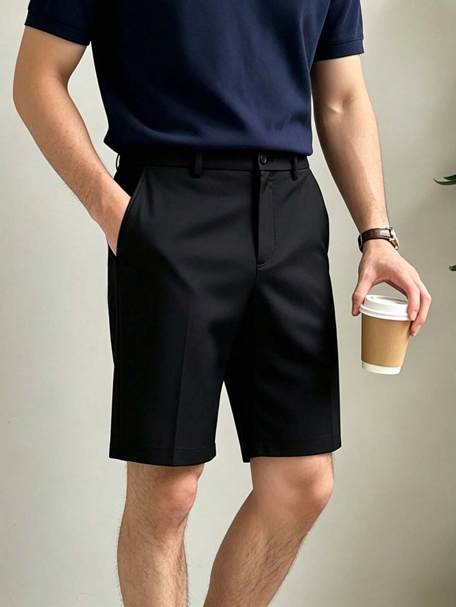 男士纯色正装休闲修身直筒短裤,商务简约腰带环及膝裤,夏季 - 黑色 - 查看 1