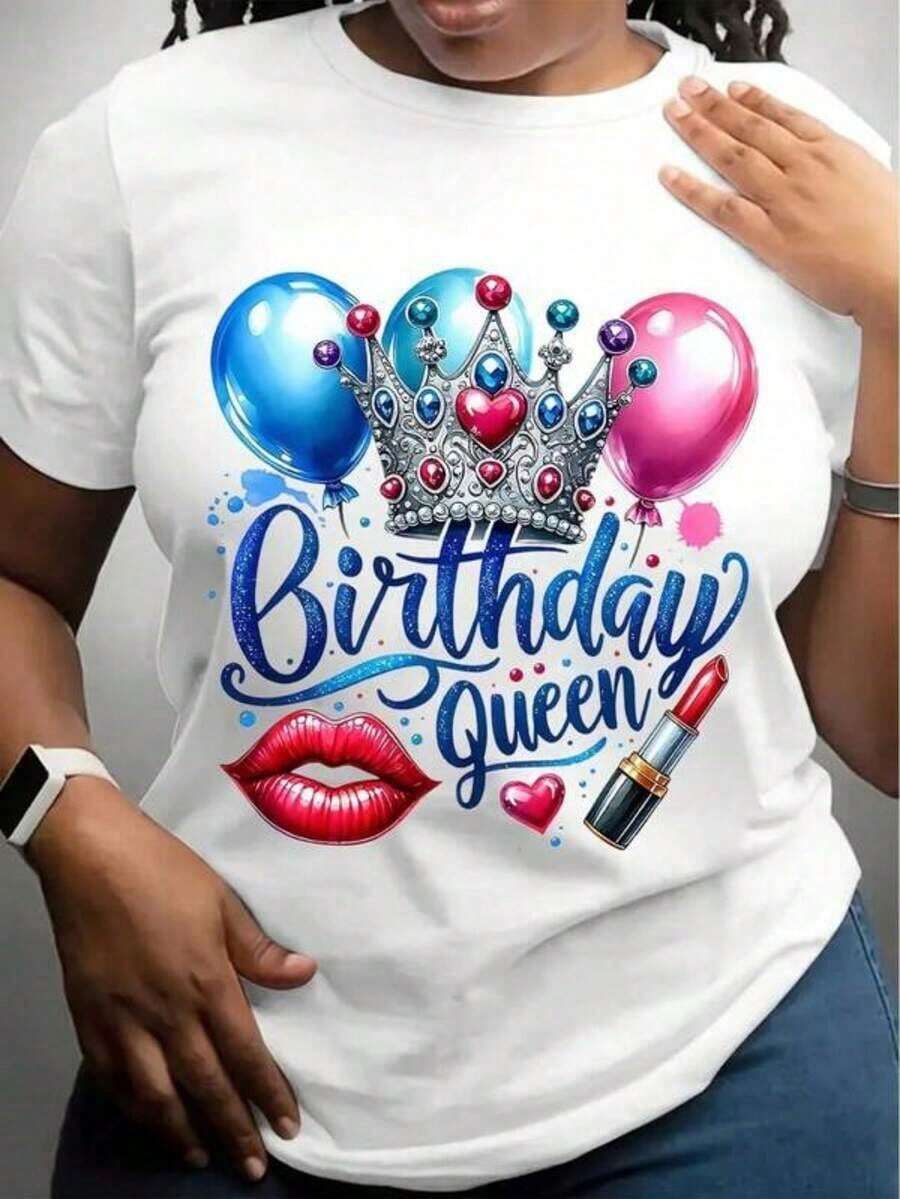 Women's "Birthday Queen" Graphic T-Shirt - Casual White Short Sleeve T-Shirt With Crown, Balloon, Red Lips And Makeup Print, Ideal Gift For Spring/Summer, Birthday T-Shirt. - 白色 - 查看 1
