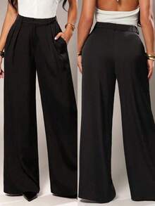Pantalones anchos de pierna ancha de color café oscuro de moda minimalista para mujeres, pantalones de tela marrón de pierna ancha para el trabajo, pantalones de tiro alto de pierna ancha marrón para mujeres, pantalones de traje marrón para otoño/ - Negro 2 - Ver 6