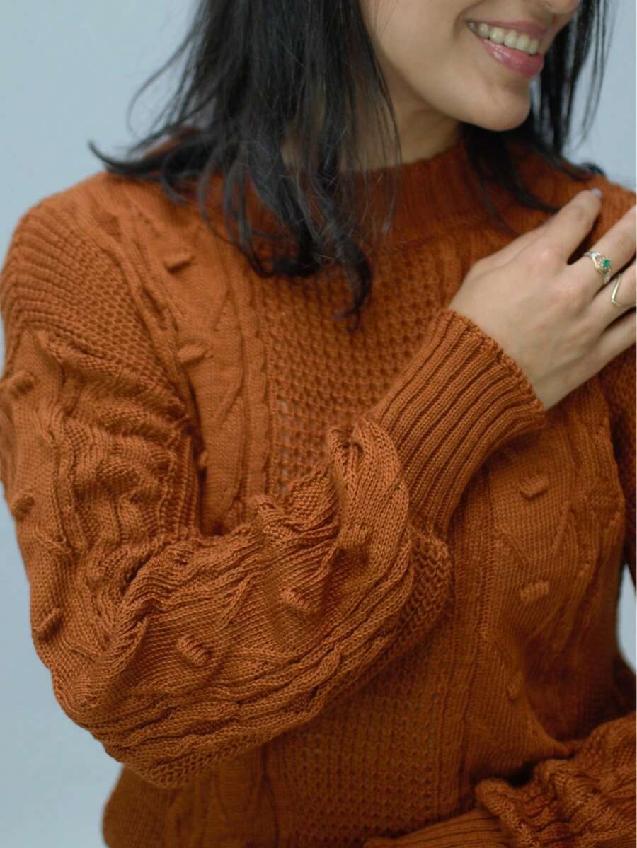 Women's Red Ribbed Knit Sweater With A Wool-Like Feel, Warm Long-Sleeved Top With A Crew Neck For Autumn And Winter. - 摩卡棕 - 查看 1