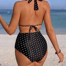 Conjunto de traje de baño de maternidad elegante y sofisticado con lunares negros, nueva llegada de traje de baño de mujer 2026 para la escuela, adecuado para vacaciones, citas, té de la tarde, estilo occidental, cruceros, playa, isla, viajes por carretera, todas las estaciones, festivales de música, vacaciones bohemias, vacaciones bohemias, otoño relajado, estilo occidental bohemio, blusas elegantes para mujer Conjunto de bikini de lunares de talle alto - 01 - Ver 3