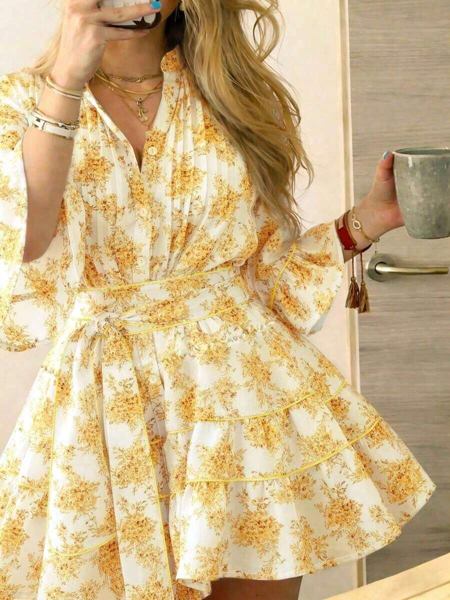 Vestido casual, elegante y romántico con estampado para vacaciones con botones para mujer - Amarillo - Ver 1