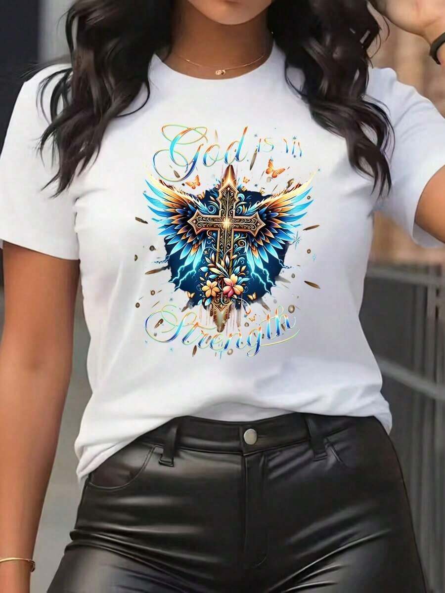 Una camiseta de manga corta para mujer con estilo retro americano, de diseño holgado y estampado (los pantalones son solo sugerencias de estilo). Este artículo sencillo y a la moda presenta patrones de texto con estampados tropicales, y es un elemento imprescindible para crear un estilo relajado de vacaciones, siendo muy adecuado para el Día del Trabajo y el Día de la Independencia de México. - Blanco - Ver 1