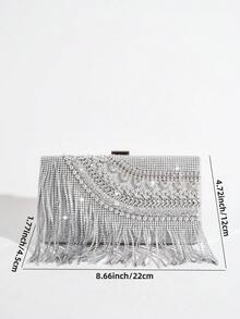 Tas Malam Kotak Rumbai Modis, Dompet Clutch Dekorasi Rhinestone, Tas Rantai Selempang Bahu, Tas Pesta Formal Wanita Gaya Eropa dan Amerika - Perak - View 11