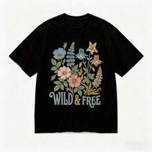 Women's Casual Wild & Free Floral Print Cotton Blend T-Shirt, Vintage Inspired Short Sleeve Top With Medium Stretch For Everyday Wear - 黑色 - 查看 12