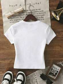 1 pieza de camiseta de verano para mujer, de cuello redondo, manga corta, corte ajustado, informal, con estampado inglés de palmeras, tablas de surf y costas, estilo Y2K, adecuada para primavera, verano, playa, calle, uso diario, trabajo, fiestas de oficina, salidas, carnaval, festivales de música, Día de San Valentín, fiestas, color blanco. . Estilo Y2K, estilo a la moda, lo más nuevo de 2026, estilo lindo, estilo casual. 180g (Tallas S-XXXL) - Blanco - Ver 9