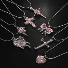 Collar de mujer con luna y cruz, cadena de clavícula versátil y de moda con diseño de corazón - Rosa - Ver 2