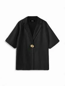 VINOVA 女士亚麻混纺翻领金属纽扣宽松休闲短袖西装外套，简约夏季上衣 - 黑色 - 查看 8