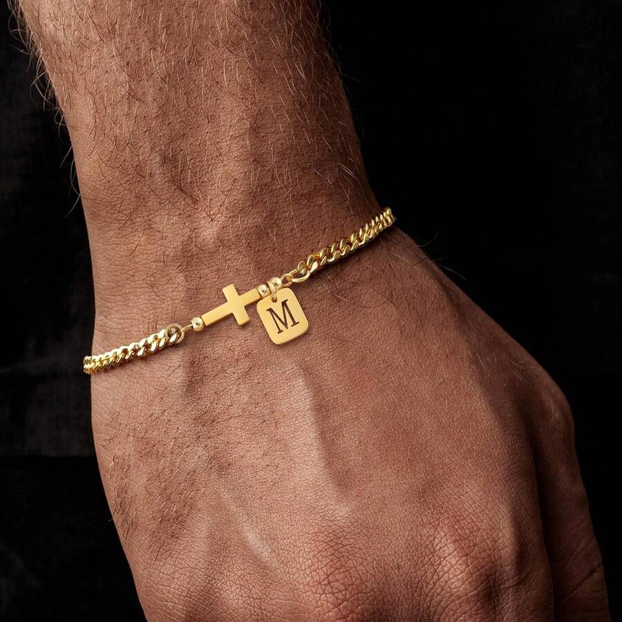 1pc Minimalist Cross Rectangle Letter Stainless Steel Chain Bracelet For Men - Yellow Gold - View 1