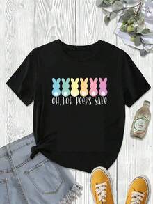 Camiseta linda de Pascua, camiseta familiar de Pascua, camiseta de algodón suave, transpirable y de ajuste cómodo con cuello redondo, regalo para el Día de Pascua, blusas para mujer, camisetas gráficas de verano para mujer, camiseta casual estampada para mujer, manga corta y cuello redondo, moda urbana local de primavera/verano. - Negro - Ver 1