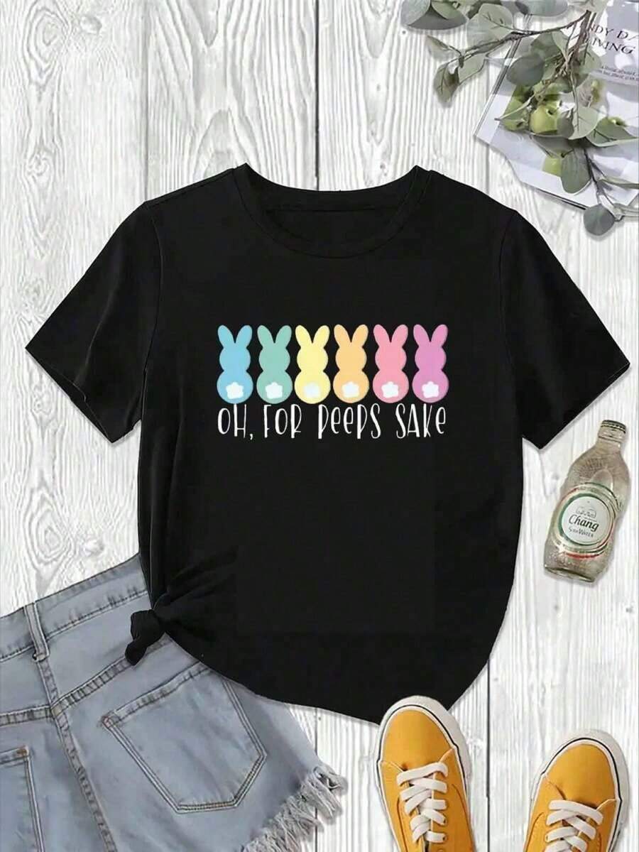 Camiseta linda de Pascua, camiseta familiar de Pascua, camiseta de algodón suave, transpirable y de ajuste cómodo con cuello redondo, regalo para el Día de Pascua, blusas para mujer, camisetas gráficas de verano para mujer, camiseta casual estampada para mujer, manga corta y cuello redondo, moda urbana local de primavera/verano. - Negro - Ver 1