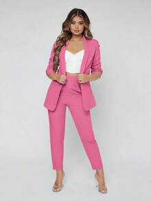Traje de blazer con cuello de chal y pantalones para otoño/invierno - Rosa Fucsia - Ver 6