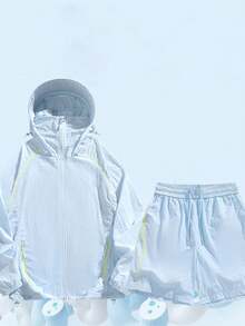 2pcs Men's Casual Set, Lightweight Hooded Zip-Up Jacket And Elastic Waist Shorts, Suitable For Hiking And Daily Wear - Blue - View 2