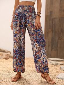 Pantalones jogger con estampado de paisley de cintura fruncido - Multicolor 9 - Ver 3