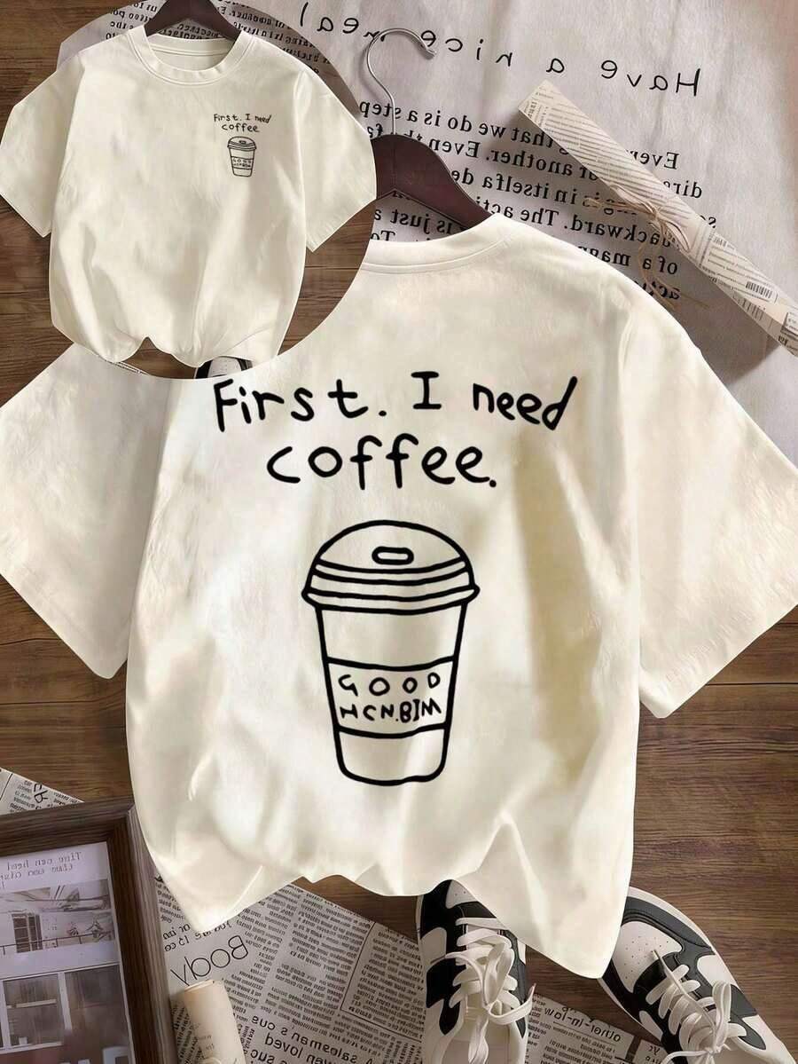 Camiseta casual de manga corta para mujer, ideal para vacaciones de verano, con estampado gráfico "Primero".Necesito café.de cuello redondo y manga corta, de ajuste relajado y casual, versátil, adecuada para uso diario y vacaciones de verano - Albaricoque - Ver 1