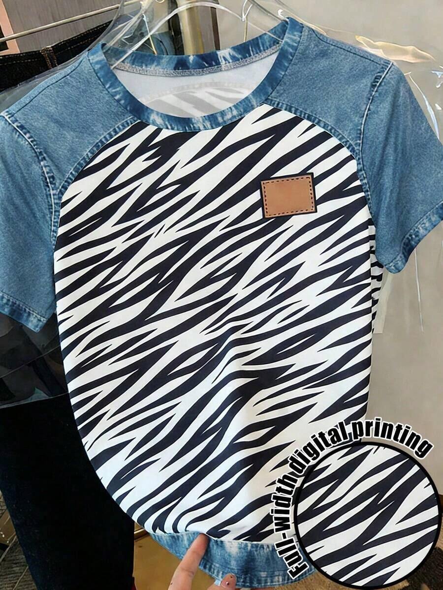 Camiseta casual de mujer de cuello redondo y manga corta con estampado de letras y rayas - Multicolor - Ver 1