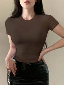 Camiseta de manga corta para mujer de ajuste ceñido, de cuello redondo y unicolor para el verano - Café integral 2 - Ver 2