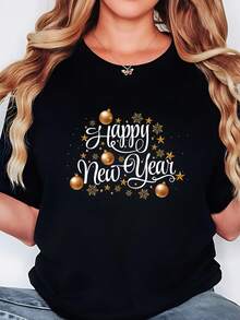 Camiseta de Mujer con Estampado de Letras de Dibujos Animados, Estilo Casual Holgado - Negro - Ver 1