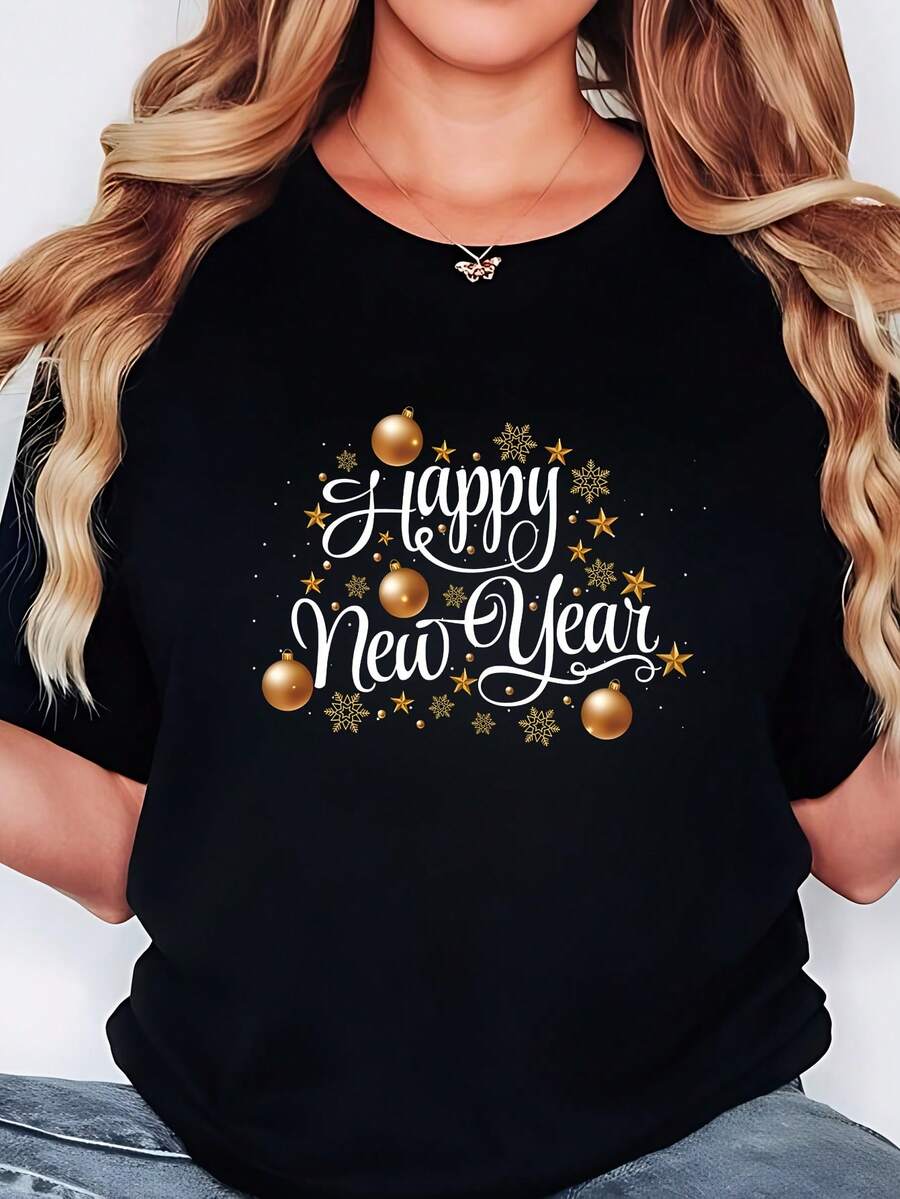 Camiseta de Mujer con Estampado de Letras de Dibujos Animados, Estilo Casual Holgado - Negro - Ver 1